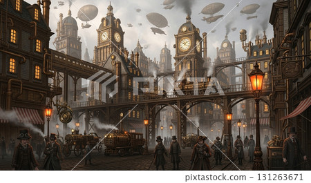 Fantasy steampunk landscape illustration 131263671