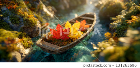 Autumn Journey. Small Wooden Boat Carrying Three Maple Leaves in Autumn Colors - Generative Ai 131263696