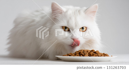 Beautiful White Purebred Cat Eating Dry Cat Food From a Ceramic Plate - Generative Ai Beautiful White Purebred Cat Eating Dry Cat Food From a Ceramic Plate - Generative Ai 131263703