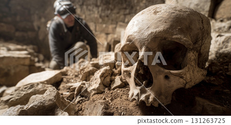 An Archaeologist Discovers Fossil Human Skull in a Rocky Cave - Generative Ai An Archaeologist Discovers Fossil Human Skull in a Rocky Cave - Generative Ai 131263725