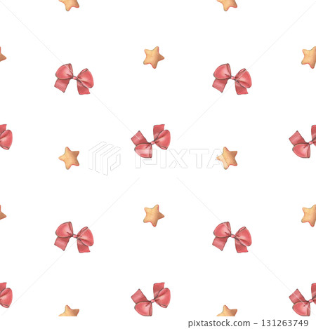Seamless pattern with red bows and stars. Hand-painted watercolor illustration of decor elements isolated on white background for printing on textile, wallpaper, packaging, stationery, holiday designs 131263749