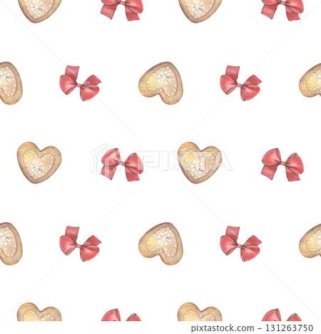 Seamless pattern with red bows and cookies. Hand-painted watercolor illustration isolated on white background for printing on textile, wallpaper, packaging, stationery, holiday, bakery designs 131263750