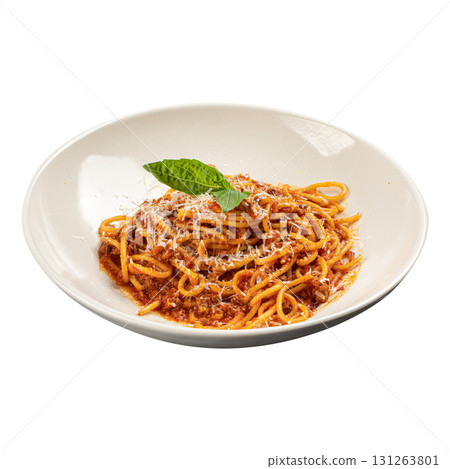 Isolated spaghetti with tomato sauce and cheese 131263801