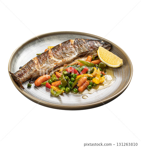 Isolated grilled trout with vegetables and lemon 131263810