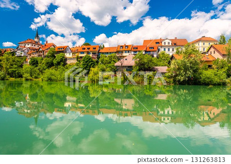Cityscape of Novo Mesto mirrored in Krka river, Slovenia 131263813