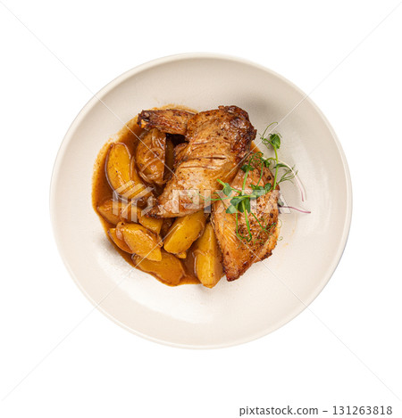 Isolated roasted chicken with potatoes and sauce Isolated roasted chicken with potatoes and sauce 131263818