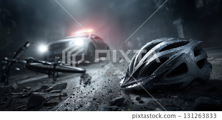 Broken Helmet and Bicycle Lying on the Road After a Car Accident - Generative Ai 131263833