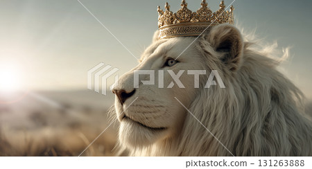 Close-up of a Cinematic Shot of a White Lion with a Golden Crown in the Savannah - Generative Ai 131263888