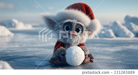 Close-up of a Cute Santa Claus Yeti Playing With a Snowball at the North Pole - Generative Ai 131263889