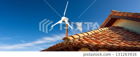 Close-up of a Small White Wind Turbine on the top of a Roof of a House - Generative Ai 131263916