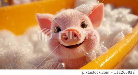 Close-up of an Adorable Smiling Piglet Taking a Bubble Bath in an Orange Bathtub - Generative Ai 131263922