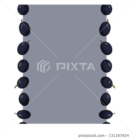 Olive black berry seamless border vertical frame template. Vector graphic line ink colored illustration. Silhouette sign for logo, print, comics, fashion, pop art, boards, design, stickers 131263924