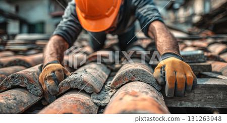 Close-up of a Manual Worker Fixing Roof Tiles on the Top of a House - Generative Ai 131263948