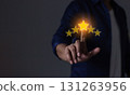Happy Customer, Young Man hand touching five star to review and give 5 stars  131263956