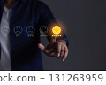 Happy Customer, Young Man hand touching five star to review and give 5 stars  131263959