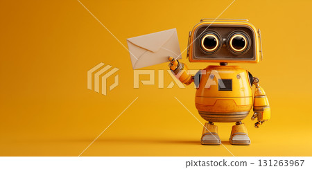 Cute Futuristic Robot Holding Email Envelope - Digital Communication Concept - Generative Ai 131263967