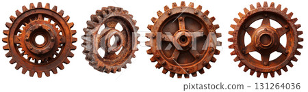 Collection of Old Rusty Metal Gears Isolated on White Background - Generative Ai 131264036