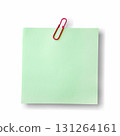 Green note paper with red paper clip, reminder sticker, sticky note isolated on white background. 131264161