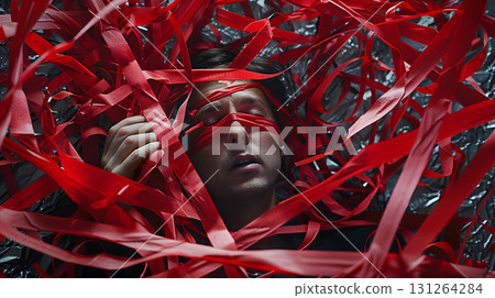 Man trapped in a web of red tape representing bureaucracy Man trapped in a web of red tape representing bureaucracy 131264284