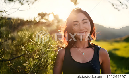 Woman standing confidently outdoors, basking in the sunlight, symbolizing empower Woman standing confidently outdoors, basking in the sunlight, symbolizing empower 131264297