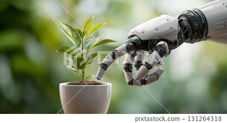 Futuristic Robotic Arm and Hand Delicately Tending to a Green Seedling in a White Ceramic Pot - Generative Ai Futuristic Robotic Arm and Hand Delicately Tending to a Green Seedling in a White Ceramic Pot - Generative Ai 131264318