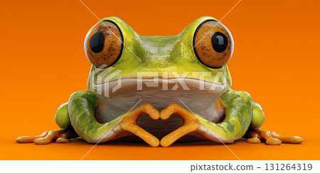Green Frog Making a Heart Shape with its Hands on Orange Background - Generative Ai Green Frog Making a Heart Shape with its Hands on Orange Background - Generative Ai 131264319
