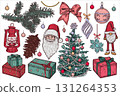 Hand draw set of vintage Christmas design elements. Gifts, Christmas tree, New Year decor. Vector illustration. 131264353
