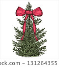 Christmas green tree with red bow. Christmas design element. Hand drawn vector illustration. 131264355