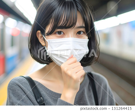 A woman wearing a mask coughs on the train platform A woman wearing a mask coughs on the train platform 131264415