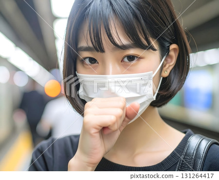 A depressed woman coughing on the train platform A depressed woman coughing on the train platform 131264417