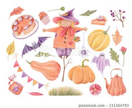 Halloween scarecrow, pumpkins, ghost, bat, treats and autumn leaves illustration clipart 131264783