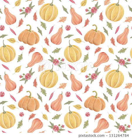 Pumpkin and autumn leaves seamless pattern, harvest Thanksgiving illustration 131264784