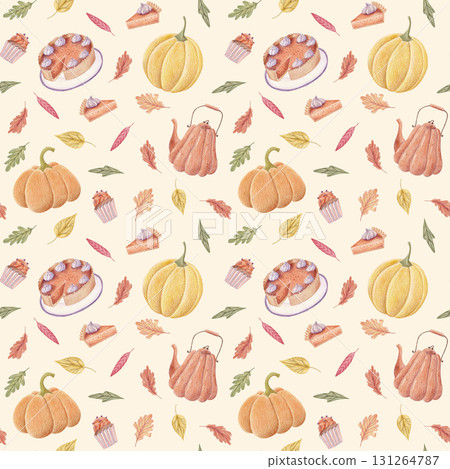 Pumpkin pie autumn seamless pattern, harvest Thanksgiving illustration Pumpkin pie autumn seamless pattern, harvest Thanksgiving illustration 131264787