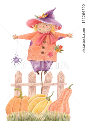 Cute scarecrow with pumpkins and spider, Halloween autumn illustration. Cute scarecrow with pumpkins and spider, Halloween autumn illustration. 131264790