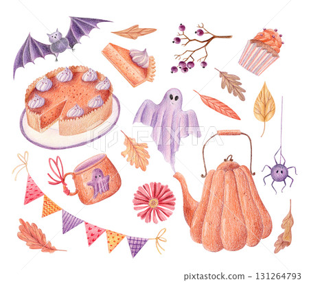Halloween pumpkins tea set with ghost, bat, treats and autumn leaves illustration clipart 131264793