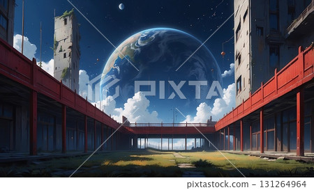 遊戲背景:太空中可見地球的廢棄工廠 遊戲背景:太空中可見地球的廢棄工廠 131264964