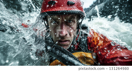 Intense Front-Facing Shot of a Kayaker Riding Wild Mountain Rapids in a Kayak - Generative Ai 131264980