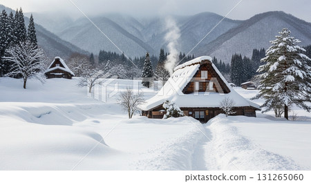 Snow-covered Gassho-style houses 131265060