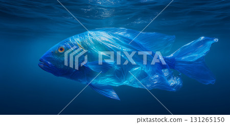 Plastic Bag Shaped Like a Fish in the Blue Ocean - Plastic Pollution Concept - Generative Ai 131265150