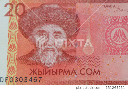 Macro shot of 20 som bill. Cash banknote of Kyrgyzstan. Kyrgyz national currency 131265231
