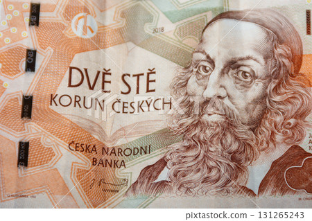Macro shot of 200 Czech koruna banknote Macro shot of 200 Czech koruna banknote 131265243