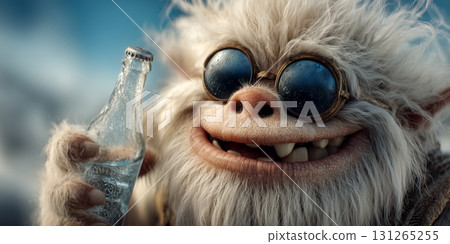 Portrait of the Bigfoot Sasquatch or Yeti Holding a Bottle of Ice-Cold Drink - Generative Ai 131265255