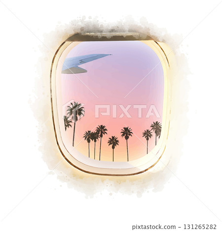 Palm trees and pink sky seen from an airplane window, watercolor style 131265282