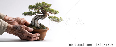 Male Gardener Taking Care of a Bonsai Tree Against a White Background - Generative Ai 131265306