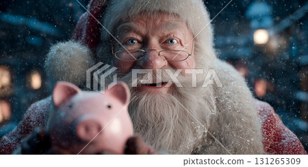 Portrait of a Smiling Santa Claus Holding a Festive Ceramic Piggy Bank - Generative Ai Portrait of a Smiling Santa Claus Holding a Festive Ceramic Piggy Bank - Generative Ai 131265309