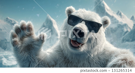 Portrait of an Adorable White Polar Bear Waving with His Paw Raised - Generative Ai 131265314
