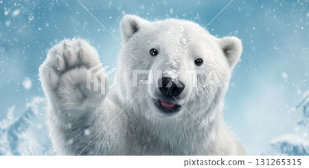 Portrait of an Adorable White Polar Bear Waving with His Paw Raised - Generative Ai 131265315