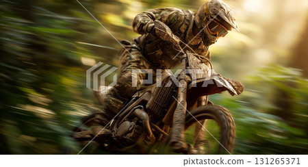Side View of a Man Riding an Off-road Motorcycle in a Green Forest - Generative Ai Side View of a Man Riding an Off-road Motorcycle in a Green Forest - Generative Ai 131265371
