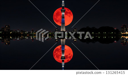 Skytree and the red moon reflected on the mirror-like surface of the water Skytree and the red moon reflected on the mirror-like surface of the water 131265415