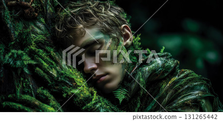 Young Man Connects with Nature by Embracing a Tree in a Lush Green Forest - Generative Ai Young Man Connects with Nature by Embracing a Tree in a Lush Green Forest - Generative Ai 131265442